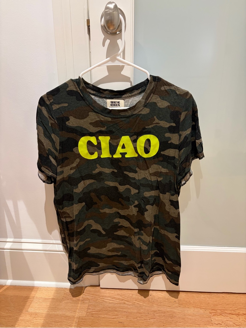 Anthropologie Women's Camo Short Sleeve Tee with Yellow 'CIAO' Graphic